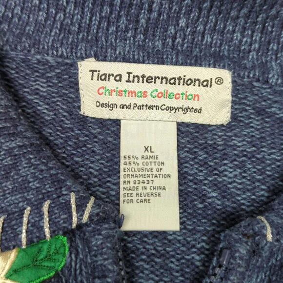 Tiara International Blue Poinsetta Christmas Sweater Vintage Y2K Embroidered - Picture 2 of 9